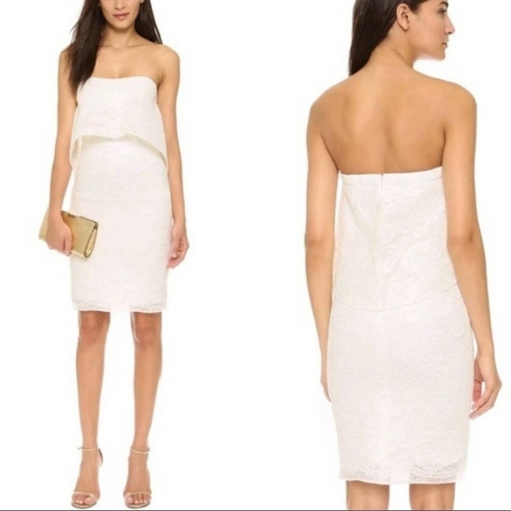Black Halo Strapless White Lace Peplum Sheath Dress